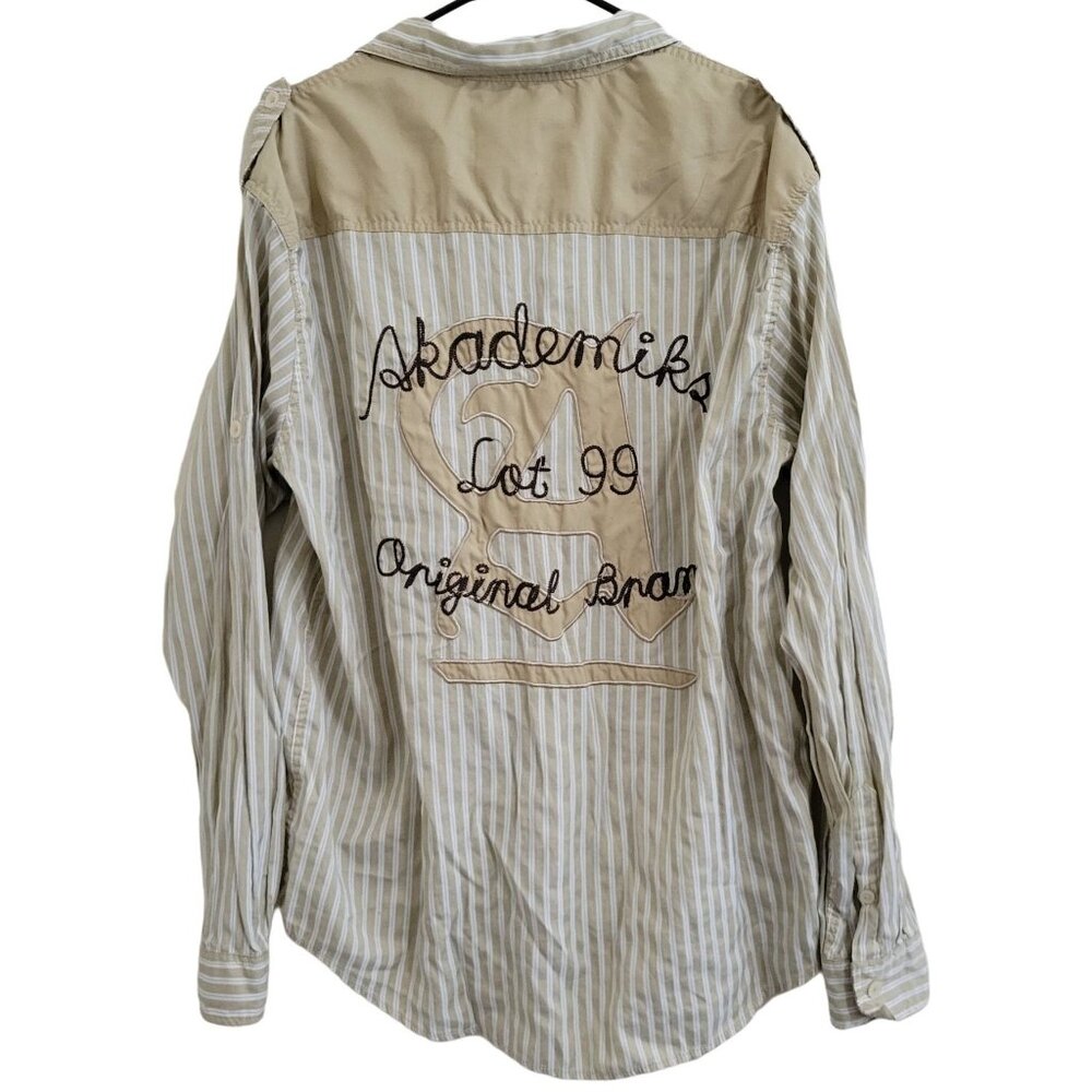 Akademiks Lot 99 Button Front Shirt Mens Size 2XL Tan Striped Long Sleeve